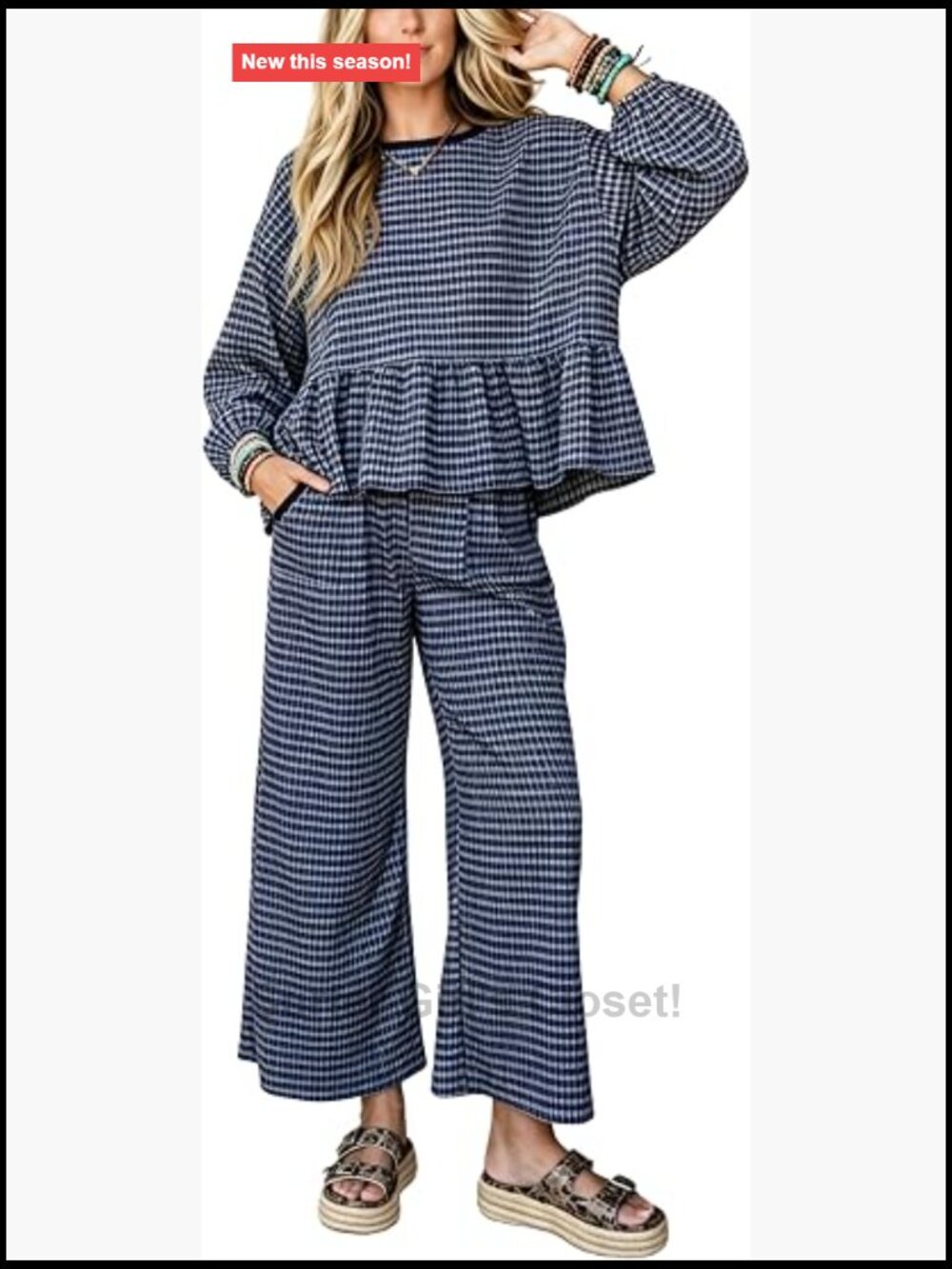 Womens Gingham 2 Piece Set Long Sleeve Peplum Top Wide Leg Pants Lounge